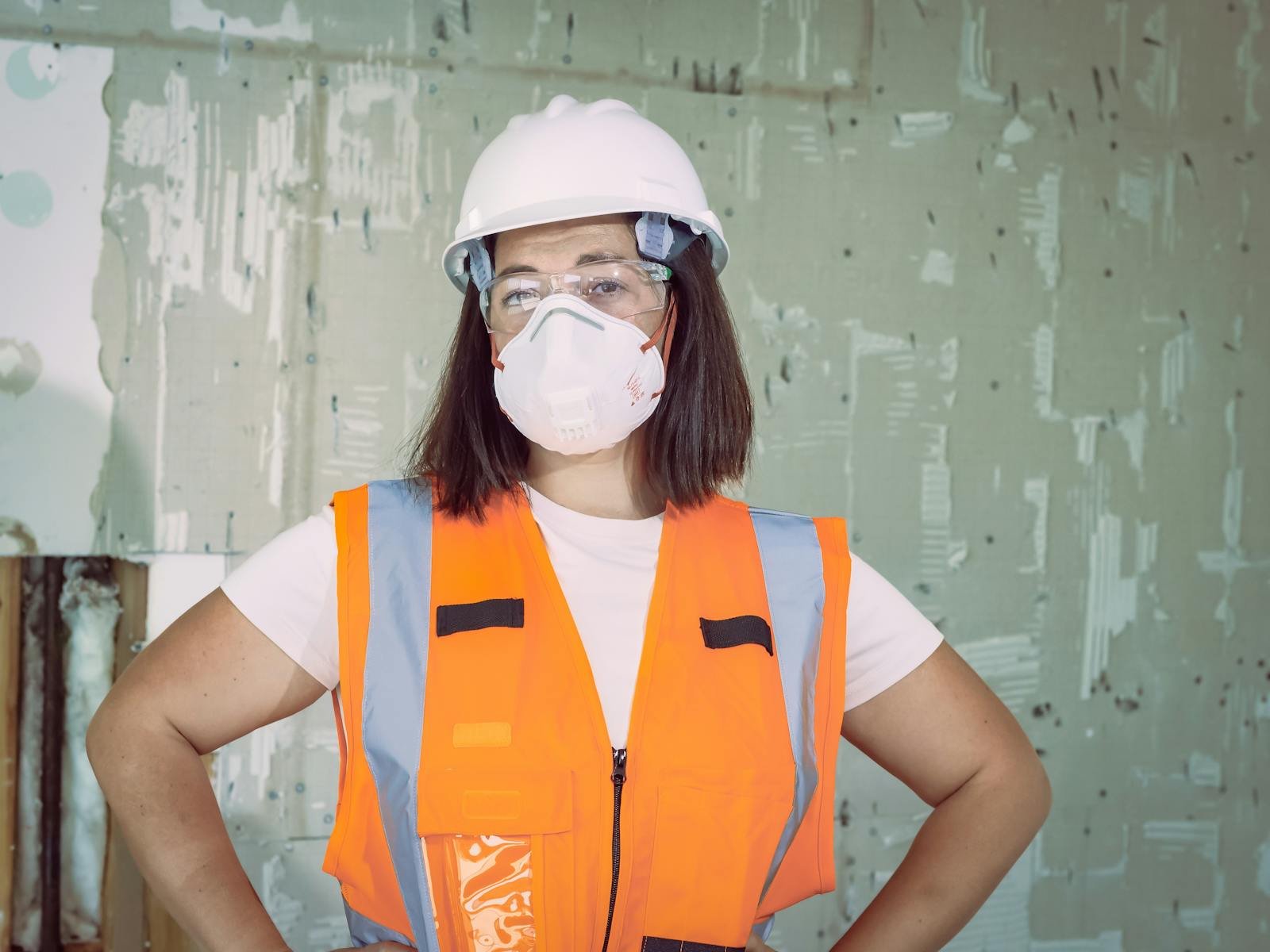 Female construction worker wearing safety gear including a hardhat and mask indoors.